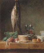 Jean Baptiste Simeon Chardin Style life with fish, Grunzeug, Gougeres shot el as well as oil and vinegar pennant on a table painting